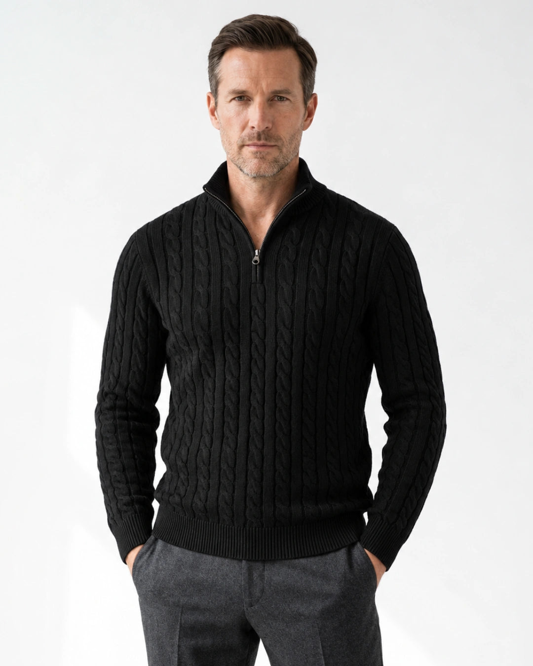 Cable Knit Quarter-Zip Sweater - Verenno